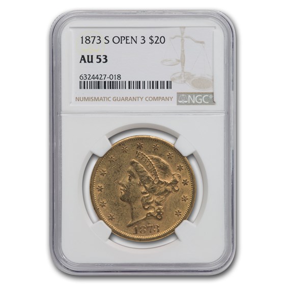 1873-S $20 Liberty Gold Double Eagle Open 3 AU-53 NGC 1873-S $20 Liberty Gold Double Eagle Open 3 AU-53 NGC
