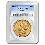 1873-S $20 Liberty Gold Double Eagle Open 3 AU-53 PCGS