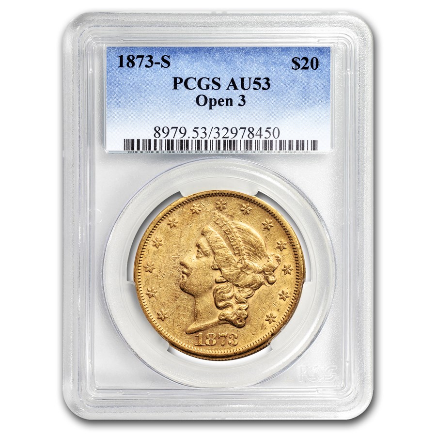 1873-S $20 Liberty Gold Double Eagle Open 3 AU-53 PCGS