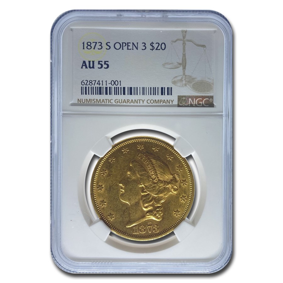 1873-S $20 Liberty Gold Double Eagle Open 3 AU-55 NGC CAC