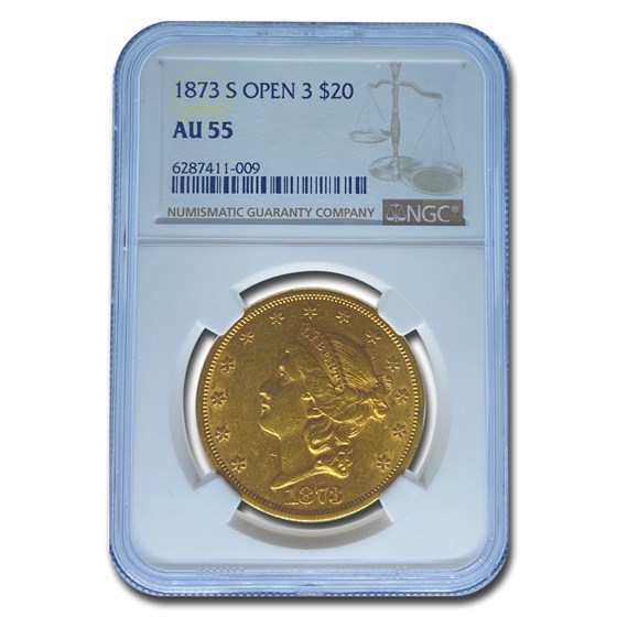 1873-S $20 Liberty Gold Double Eagle Open 3 AU-55 NGC 1873-S $20 Liberty Gold Double Eagle Open 3 AU-55 NGC