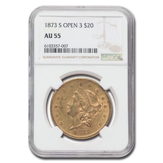 1873-S $20 Liberty Gold Double Eagle Open 3 AU-55 NGC