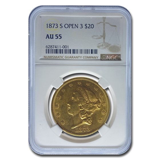 1873-S $20 Liberty Gold Double Eagle Open 3 AU-55 NGC 1873-S $20 Liberty Gold Double Eagle Open 3 AU-55 NGC