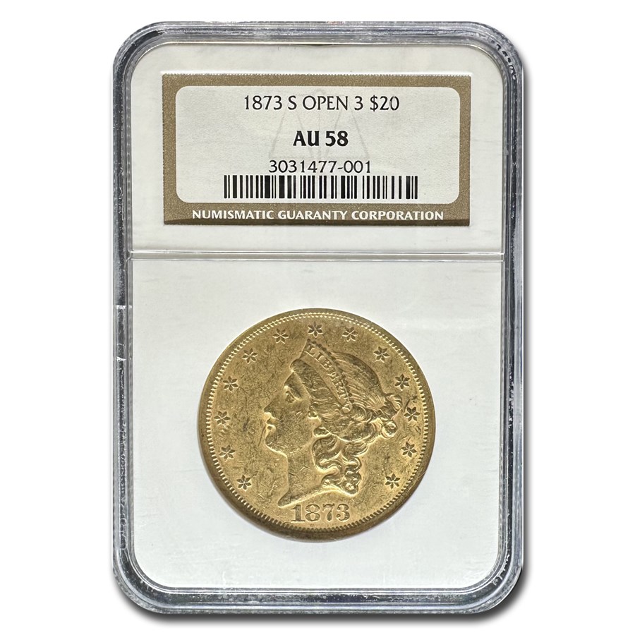 1873-S $20 Liberty Gold Double Eagle Open 3 AU-58 NGC