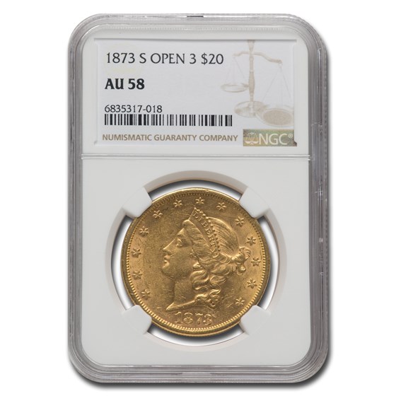 1873-S $20 Liberty Gold Double Eagle Open 3 AU-58 NGC 1873-S $20 Liberty Gold Double Eagle Open 3 AU-58 NGC