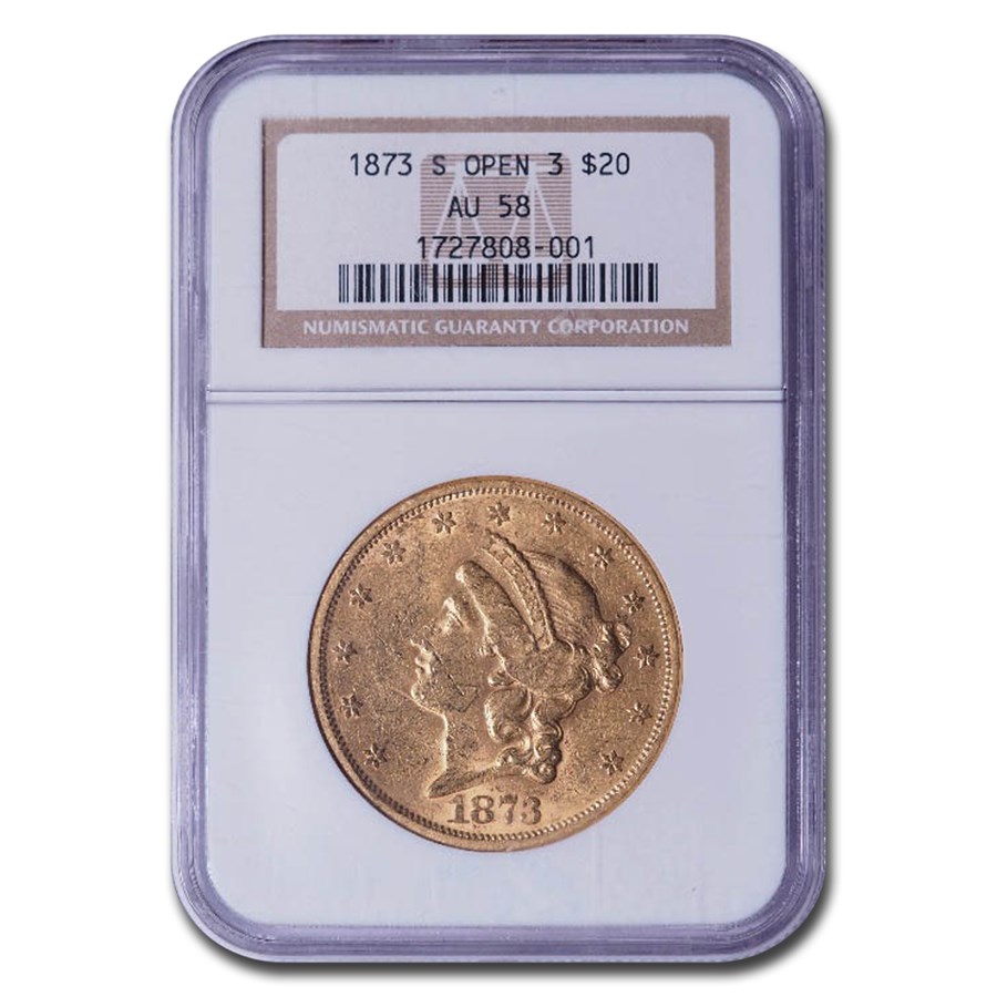 1873-S $20 Liberty Gold Double Eagle Open 3 AU-58 NGC