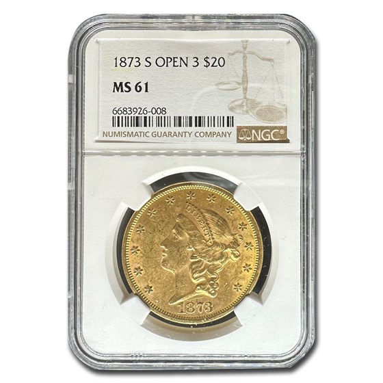 1873-S $20 Liberty Gold Double Eagle Open 3 MS-61 NGC