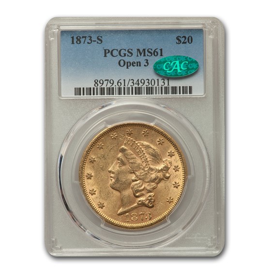 1873-S $20 Liberty Gold Double Eagle Open 3 MS-61 PCGS CAC 1873-S $20 Liberty Gold Double Eagle Open 3 MS-61 PCGS CAC