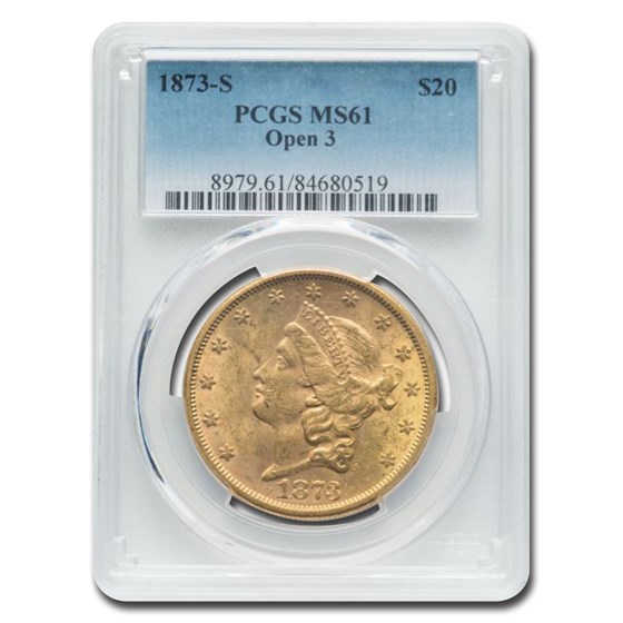1873-S $20 Liberty Gold Double Eagle Open 3 MS-61 PCGS 1873-S $20 Liberty Gold Double Eagle Open 3 MS-61 PCGS