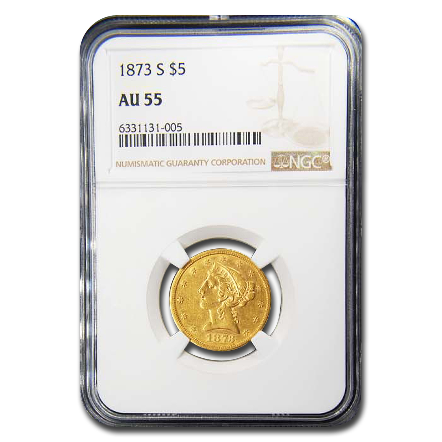 1873年 OPEN 3 $5 リバティ 金貨 NGC AU 55/NGC-14 Buy 1873-S $5 Liberty Gold Half Eagle AU-55 NGC | APMEX