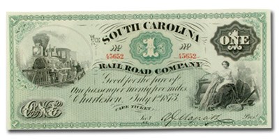 1873 South Carolina Rail Road Company $1.00 UNL CU 1873 South Carolina Rail Road Company $1.00 UNL CU