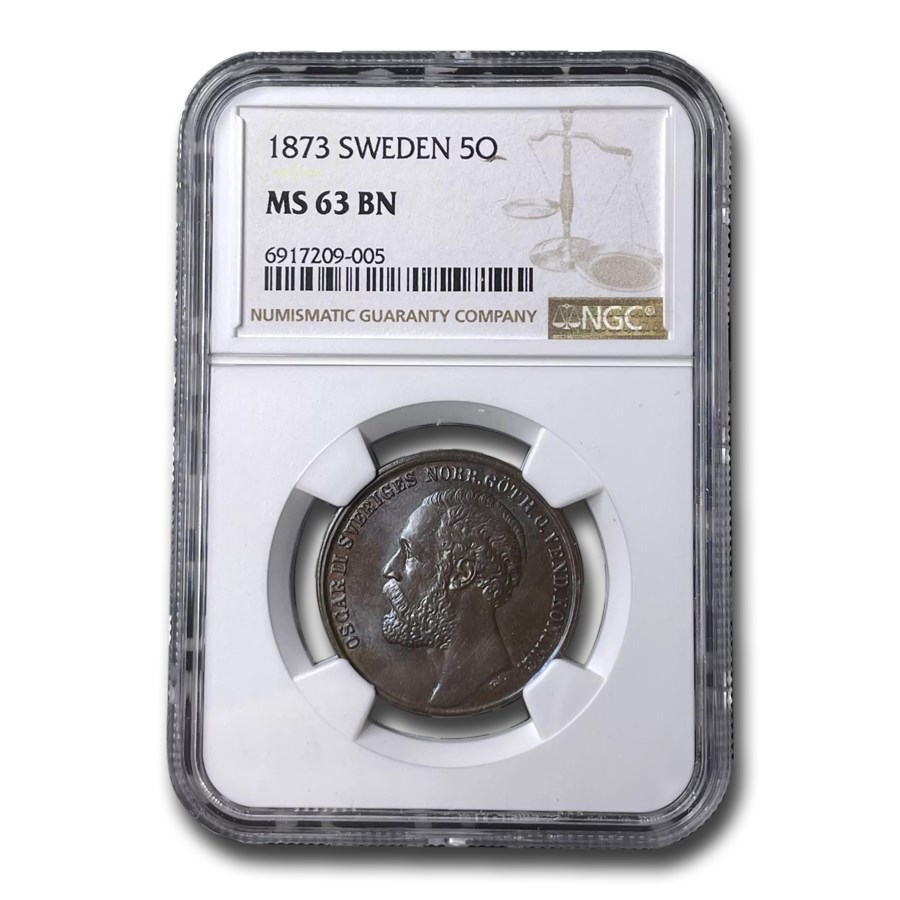 1873 Sweden 5 Ore MS-63 NGC (Brown)