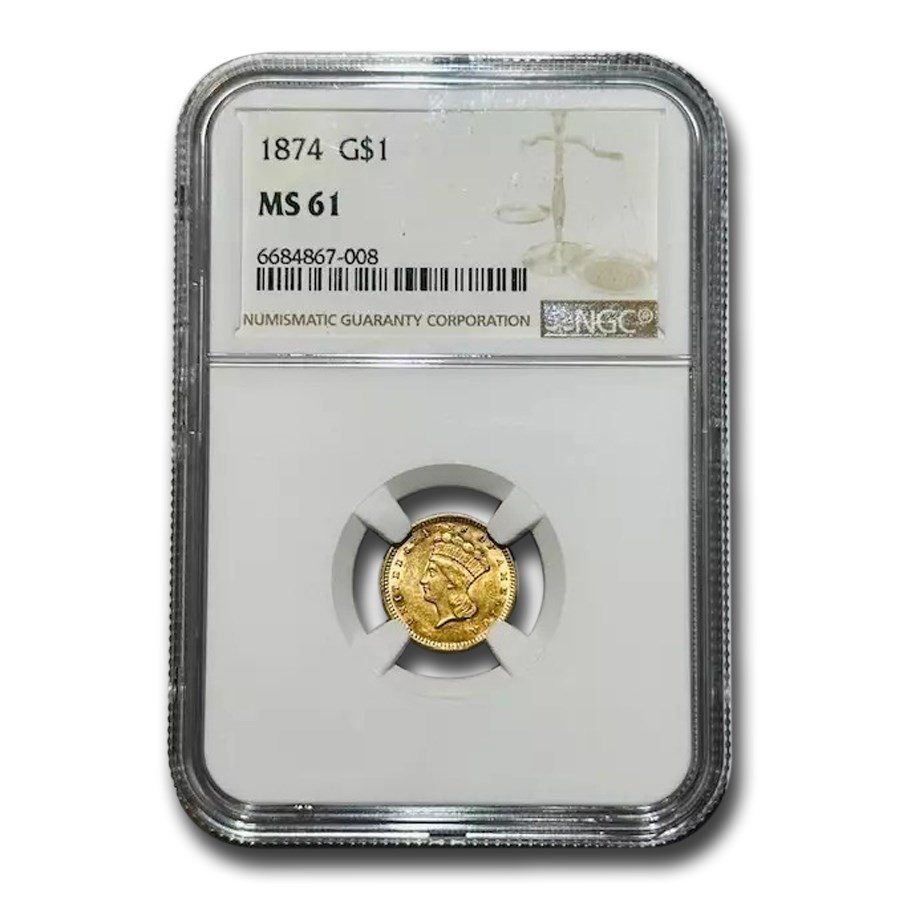 1874 $1 Indian Head Gold Dollar MS-61 NGC