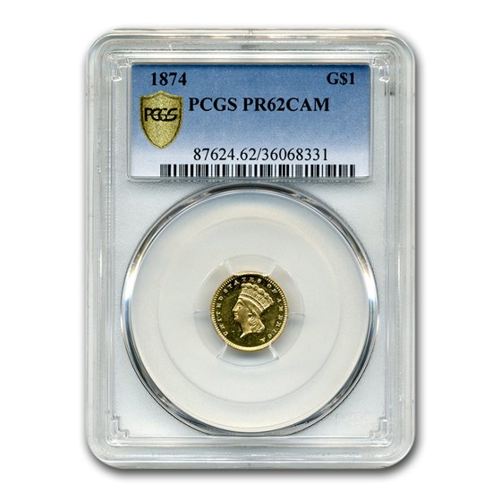 1874 $1 Indian Head Gold Dollar PR-62 Cameo PCGS 1874 $1 Indian Head Gold Dollar PR-62 Cameo PCGS