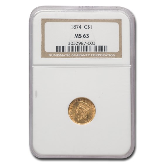 1874 $1 Indian Head Gold MS-63 NGC 1874 $1 Indian Head Gold MS-63 NGC