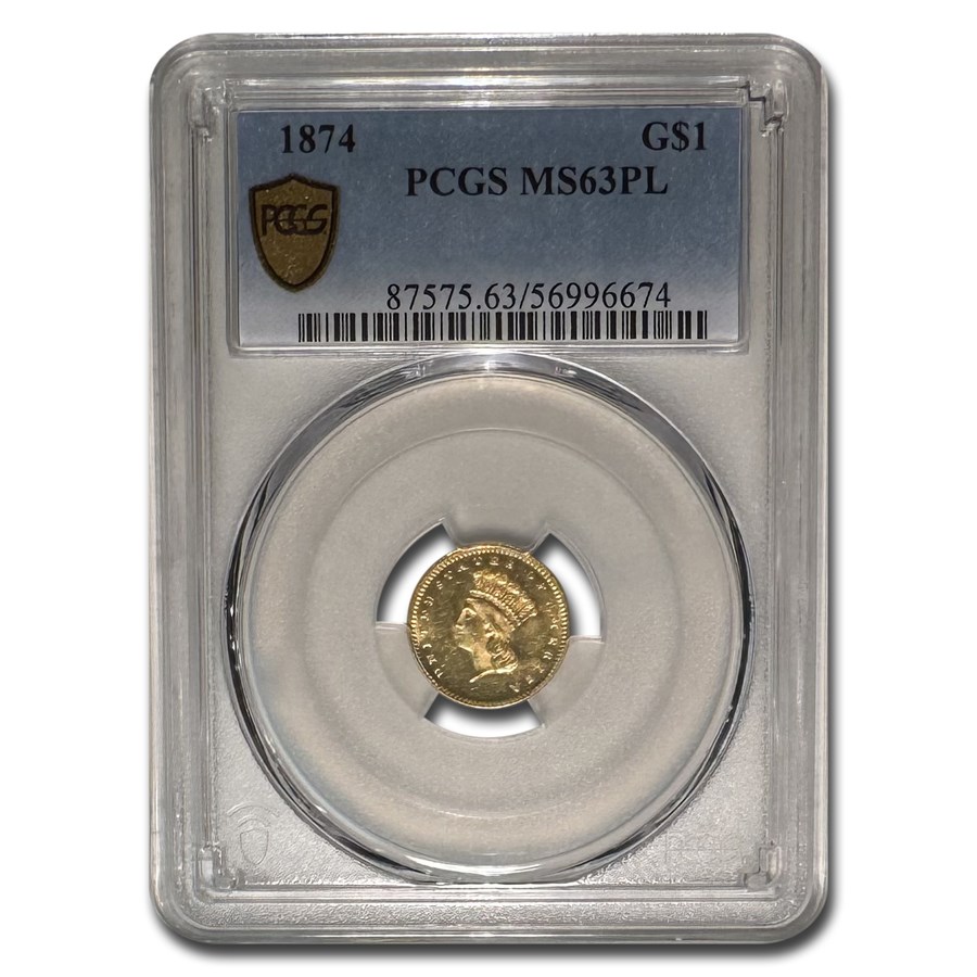 1874 $1 Indian Head Gold MS-63 PCGS (PL)