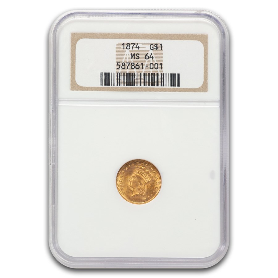 1874 $1 Indian Head Gold MS-64 NGC