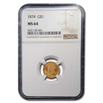 1874 $1 Indian Head Gold MS-64 NGC
