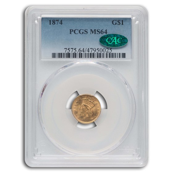 1874 $1 Indian Head Gold MS-64 PCGS CAC 1874 $1 Indian Head Gold MS-64 PCGS CAC
