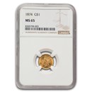 1874 $1 Liberty Head Gold MS-65 NGC