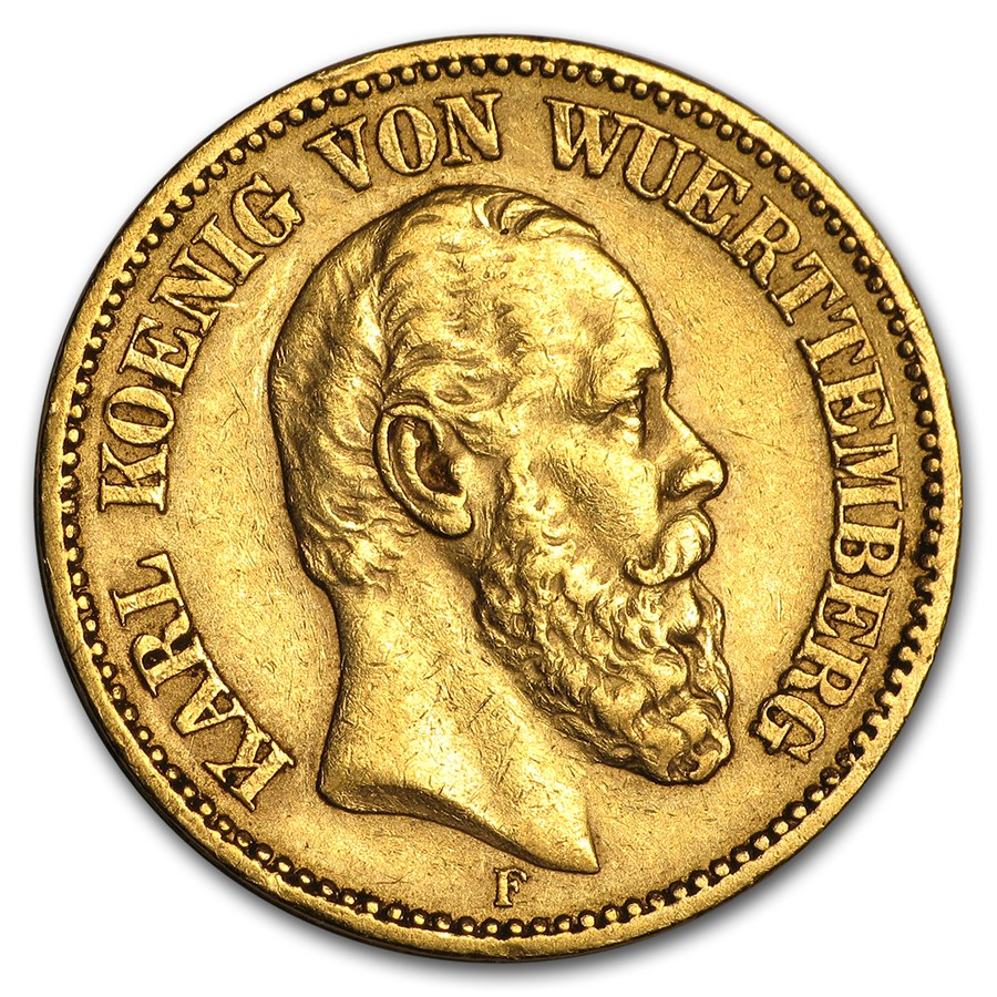 1874-1876 Germany Gold 20 Marks Württemberg Karl Avg Circ