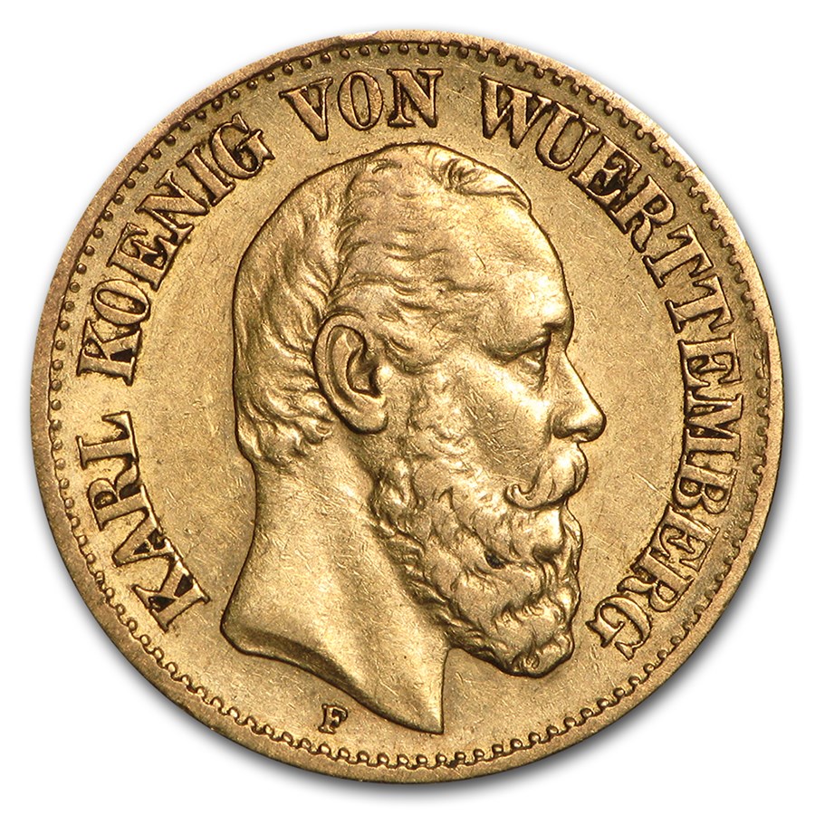 1874-1888 Germany Gold 10 Marks Württemberg Karl Avg Circ