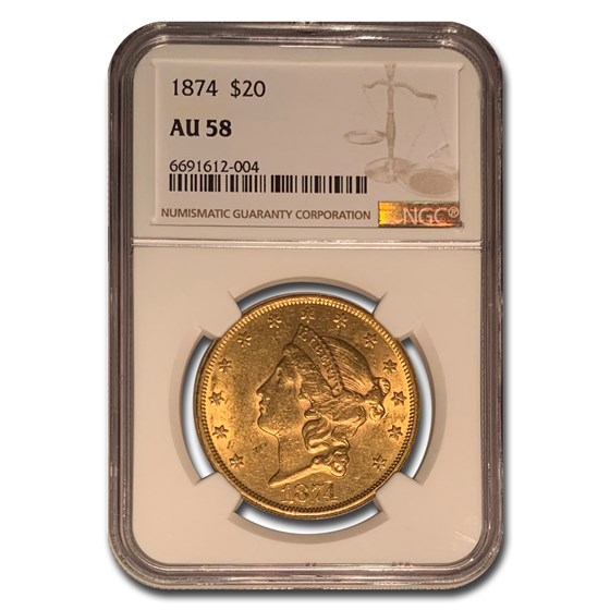 1874 $20 Liberty Gold Double Eagle AU-58 NGC