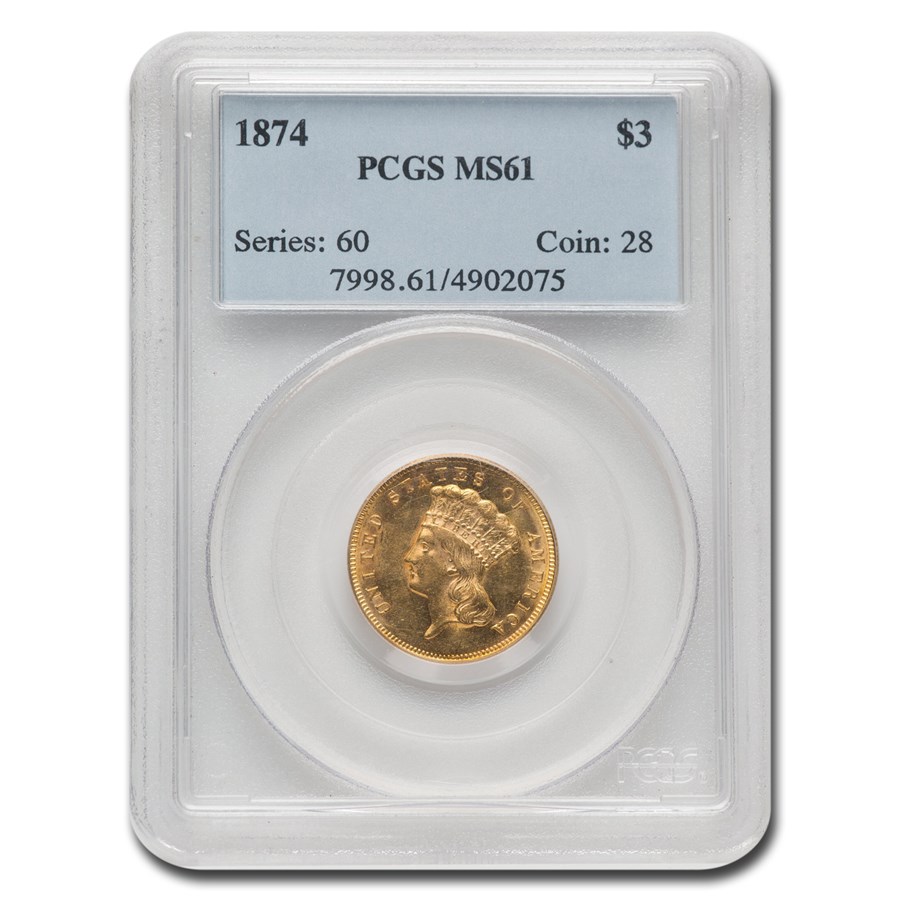 1874 $3 Gold Princess MS-61 PCGS