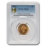 1874 $3 Gold Princess MS-63 PCGS