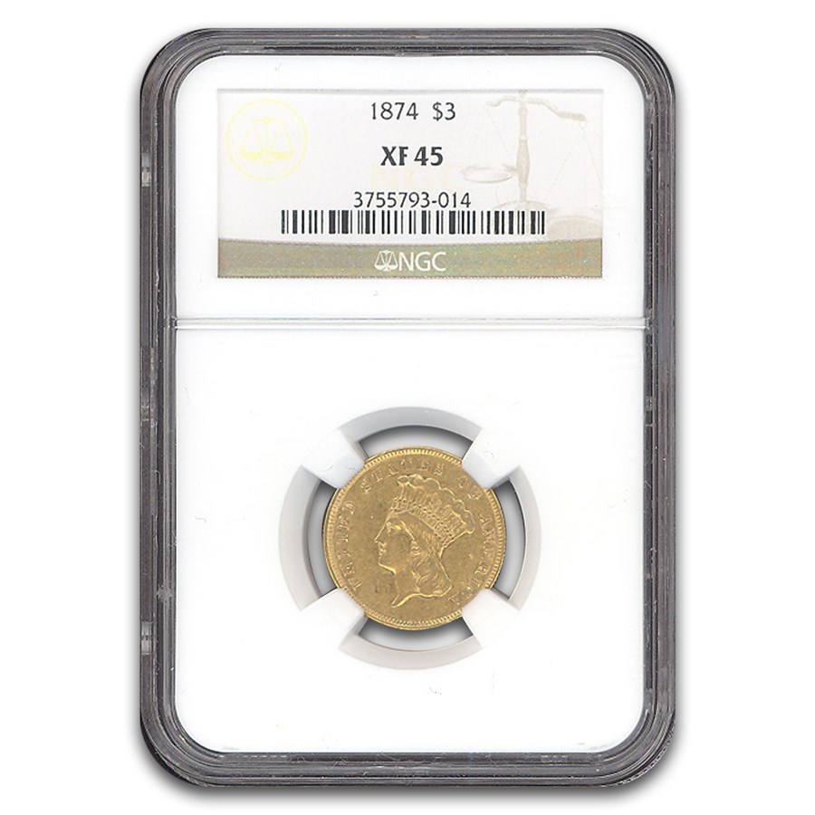 1874 $3 Gold Princess XF-45 NGC