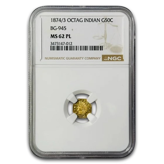 1874/3 Indian Octagonal 50 Cent Gold MS-62 NGC (PL, BG-945)