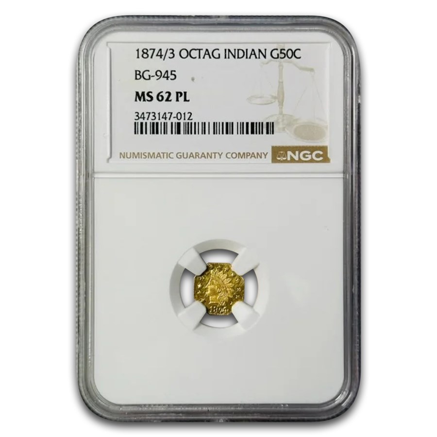 1874/3 Indian Octagonal 50 Cent Gold MS-62 NGC (PL, BG-945)