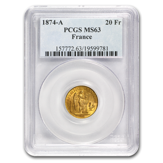 1874-A France Gold 20 Francs Angel MS-63 PCGS 1874-A France Gold 20 Francs Angel MS-63 PCGS