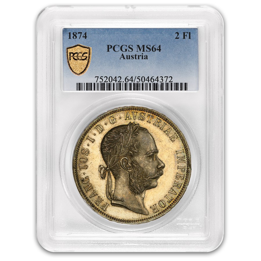 1874 Austria Silver 2 Florin Joseph I MS-64 PCGS
