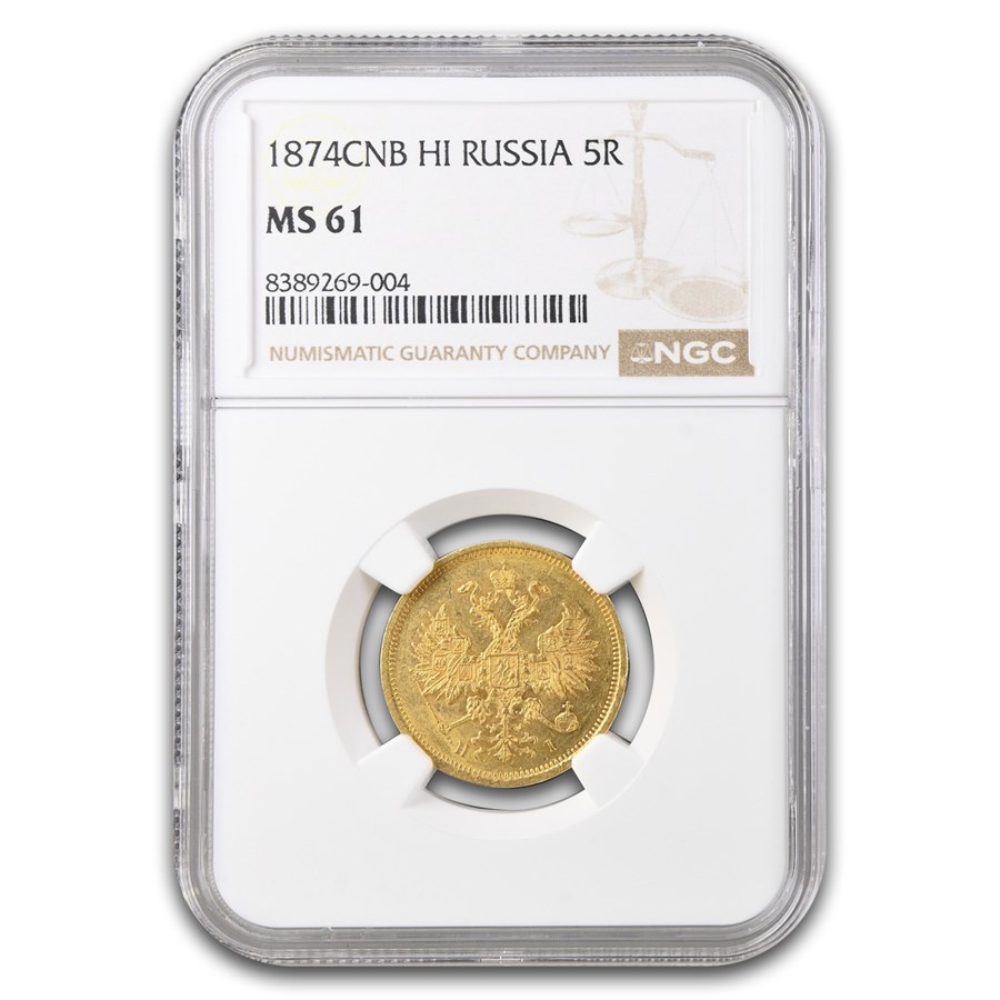 1874-CNB Russia Gold 5 Roubles MS-61 NGC