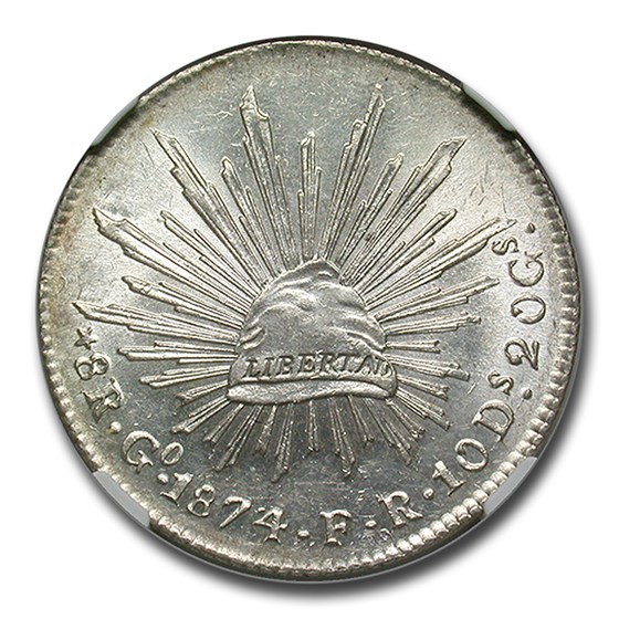 1874-Go Mexico Silver 8 Reales MS-63 NGC 1874-Go Mexico Silver 8 Reales MS-63 NGC