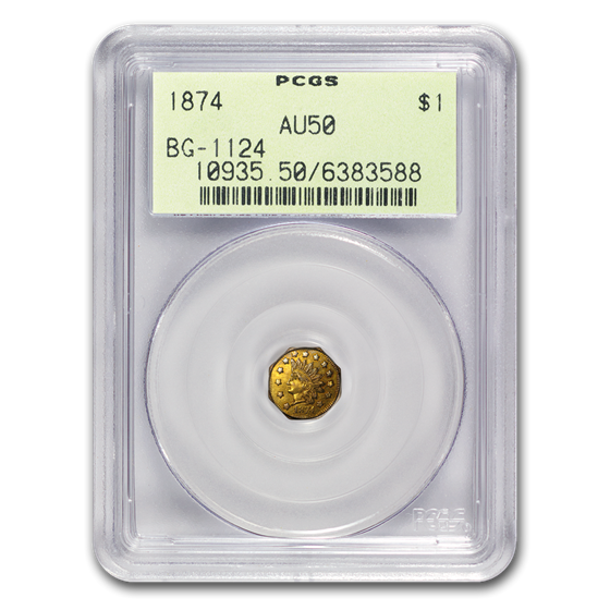 1874 Indian Octagonal Dollar Gold AU-50 PCGS 1874 Indian Octagonal Dollar Gold AU-50 PCGS