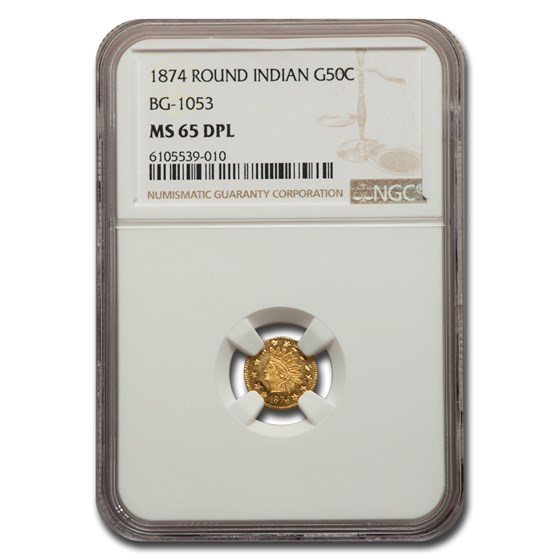 1874 Indian Round 50 Cent Gold MS-65 NGC (DPL, BG-1053) 1874 Indian Round 50 Cent Gold MS-65 NGC (DPL, BG-1053)