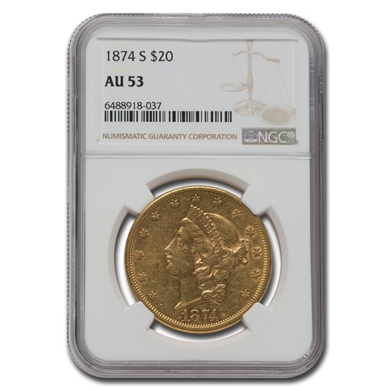 1874-S $20 Liberty Gold Double Eagle AU-53 NGC 1874-S $20 Liberty Gold Double Eagle AU-53 NGC