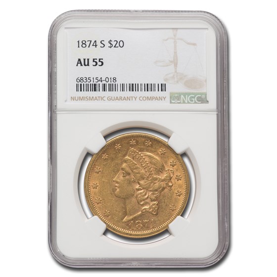 1874-S $20 Liberty Gold Double Eagle AU-55 NGC