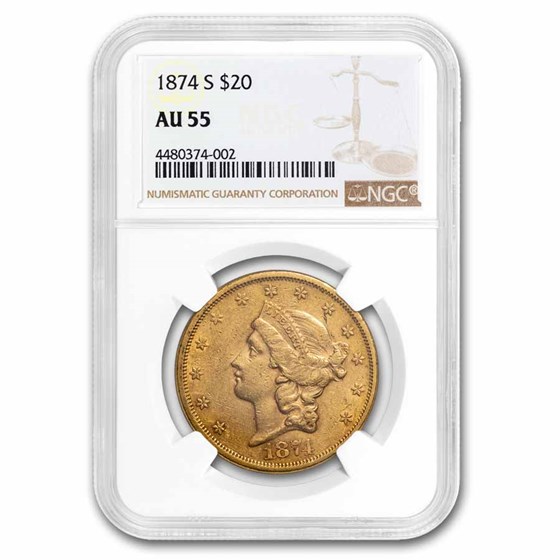1874-S $20 Liberty Gold Double Eagle AU-55 NGC 1874-S $20 Liberty Gold Double Eagle AU-55 NGC