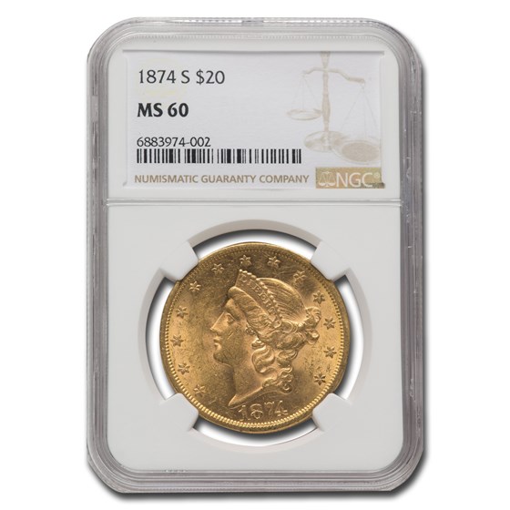 1874-S $20 Liberty Gold Double Eagle MS-60 NGC 1874-S $20 Liberty Gold Double Eagle MS-60 NGC
