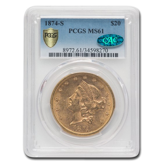 1874-S $20 Liberty Gold Double Eagle MS-61 PCGS CAC