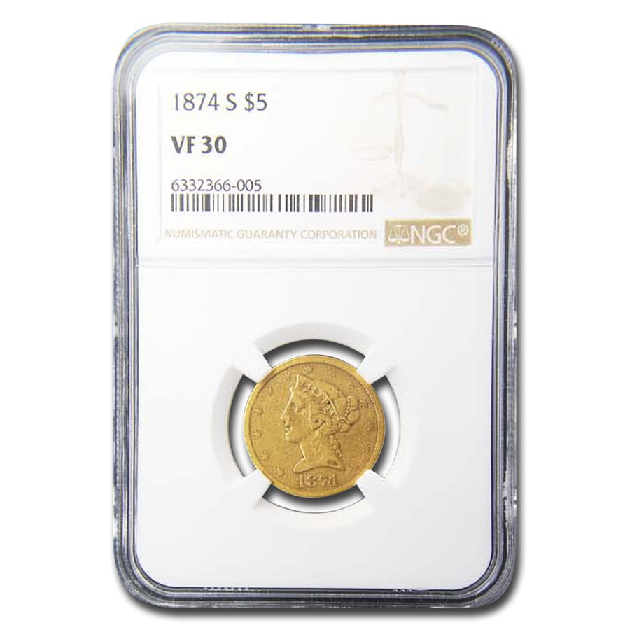 1874-S $5 Liberty Gold Half Eagle VF-30 NGC