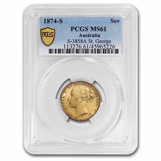 1874-S Australia Gold Sovereign Young Victoria MS-61 PCGS