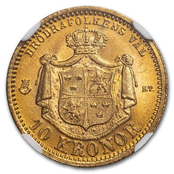1874 ST Sweden Gold 10 Kronor Oscar II MS-66 NGC (Nordic Hoard)