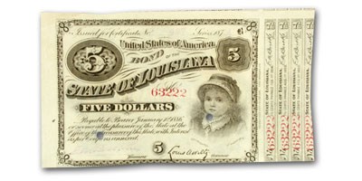 1874 State of Louisiana 'Baby Bond' $5.00 CR#29 AU 1874 State of Louisiana 'Baby Bond' $5.00 CR#29 AU