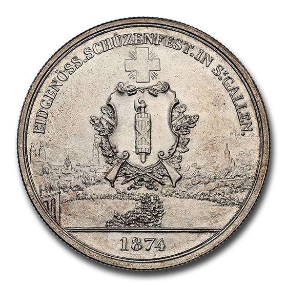 1874 Switzerland Silver 5 Francs Shooting Thaler MS-65 NGC 1874 Switzerland Silver 5 Francs Shooting Thaler MS-65 NGC