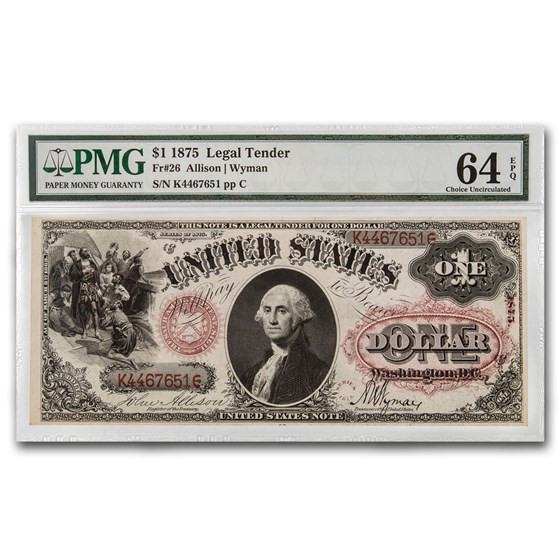 1875 $1.00 Legal Tender George Washington CU-64 EPQ PMG (Fr#26) 1875 $1.00 Legal Tender George Washington CU-64 EPQ PMG (Fr#26)