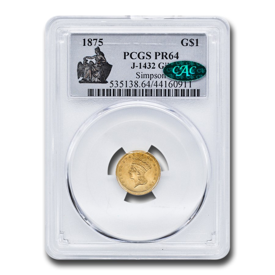 1875 $1 Indian Head Pattern PR-64 PCGS CAC (J-1432 Gilt)